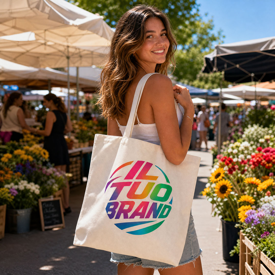 Modella-estiva-tote-bag-logo-colorato-mercato